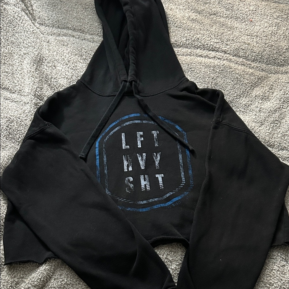 Black Cropped Hoodie with Blue Graphic “ LFT HVY SHT” size S/M